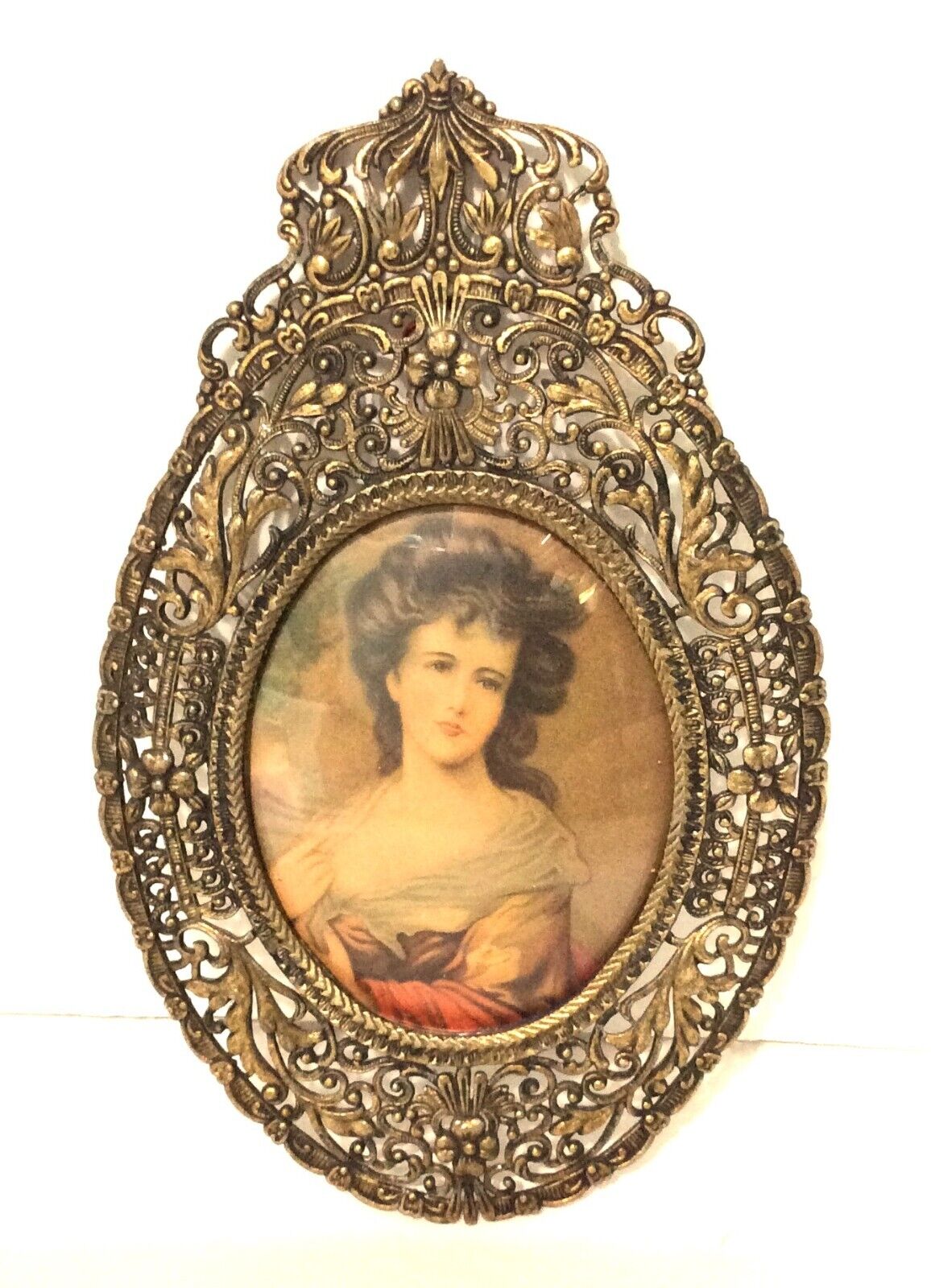 Antique Miniature Portrait Under Curved Glass in Detailed Frame