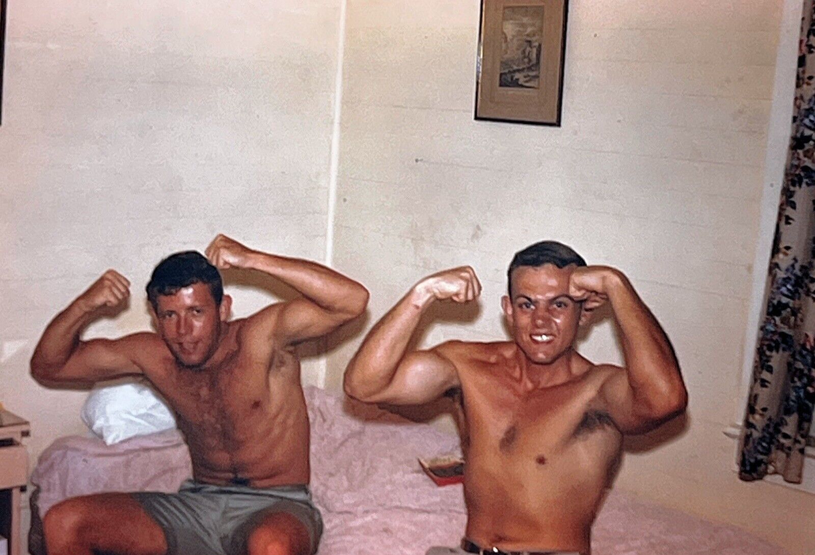 Vtg 1963 35MM Slide 2 Handsome Men Flexing Muscles Shirtless Sitting On Bed