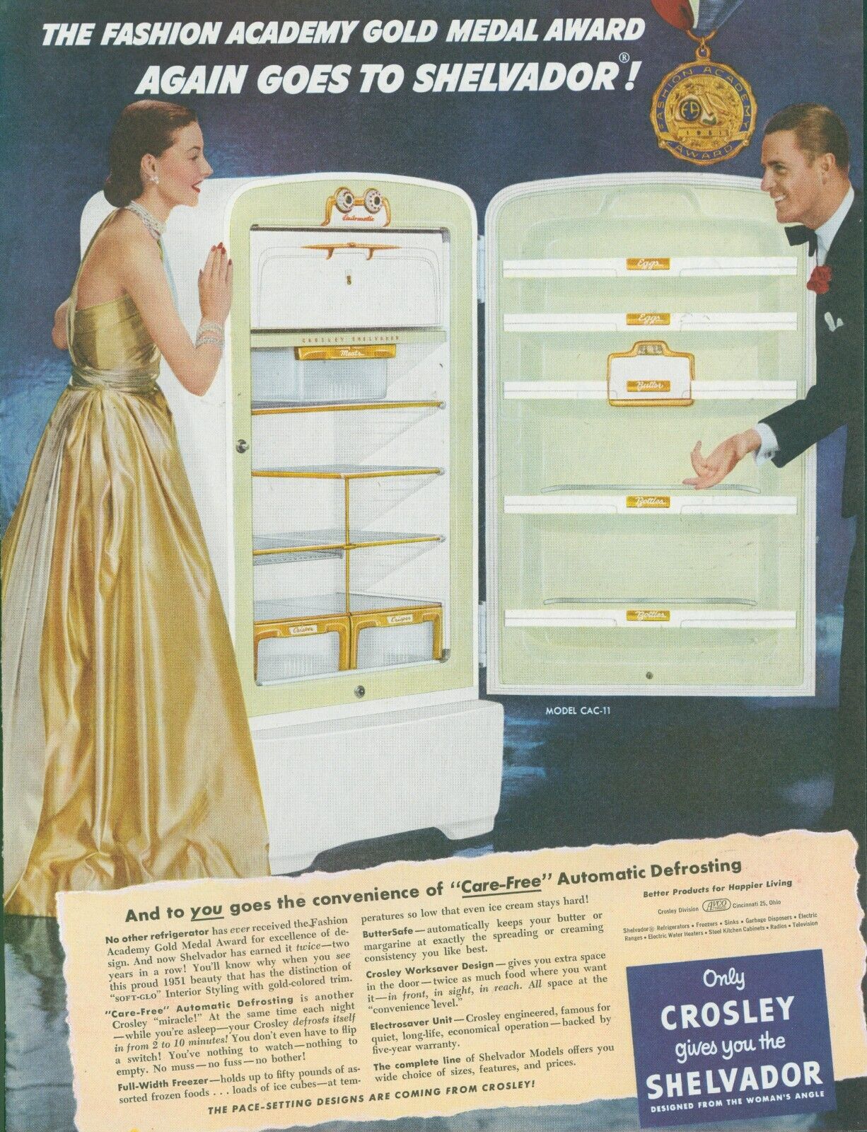1951 Crosley Refrigerator Fashion Gold Medal Shelvador Vintage Print Ad SP19