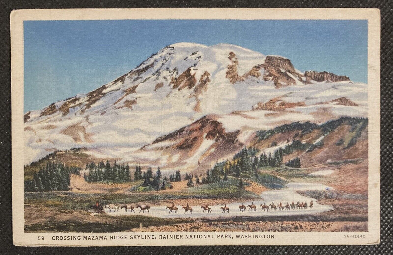 Vintage 1935 Linen Mount Rainier NP Postcard Crossing Mazama Ridge