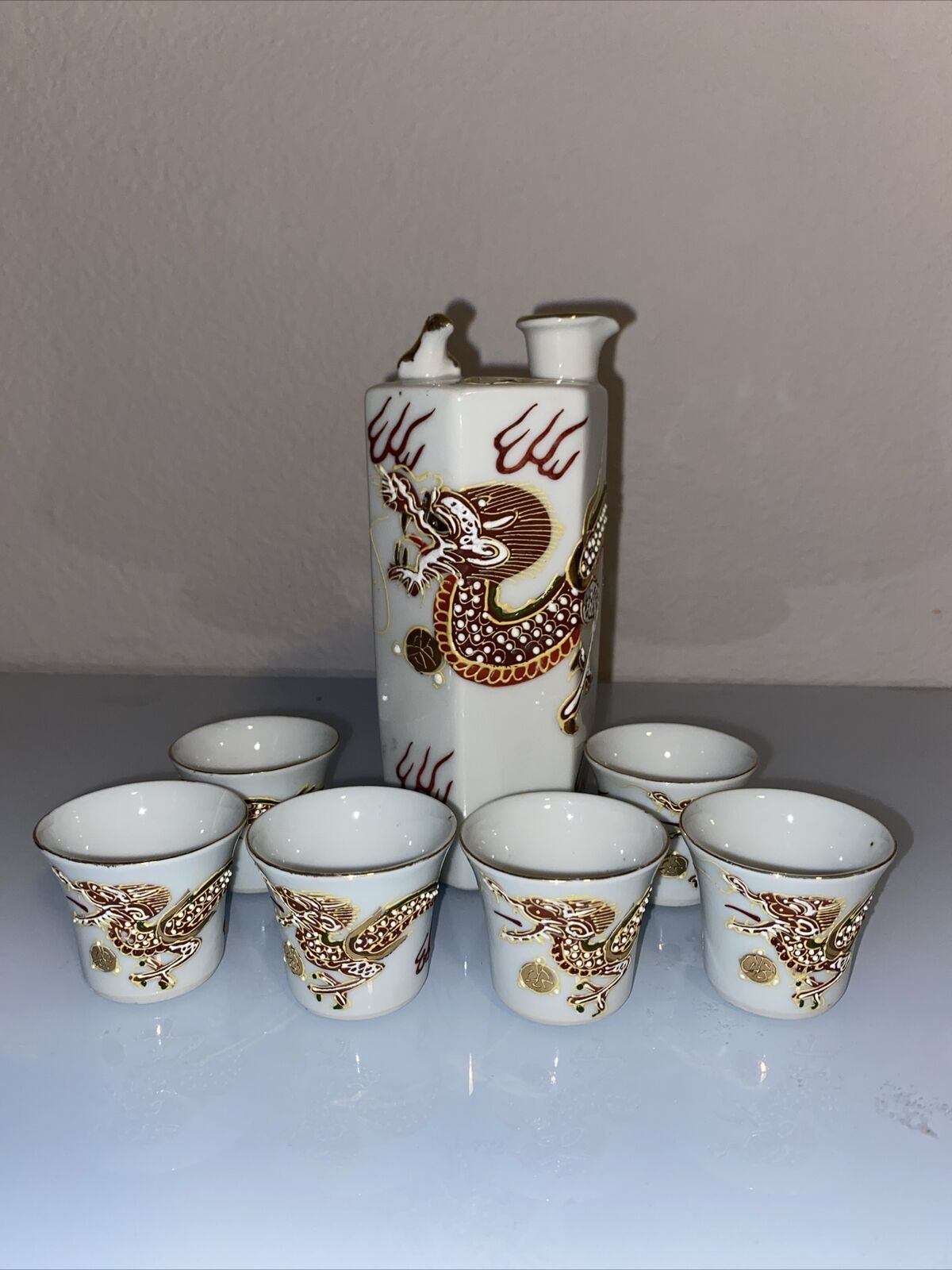 Vintage Japanese Whistling Sake Decanter Dragon Design W/Gold Bird And 6 Cups 