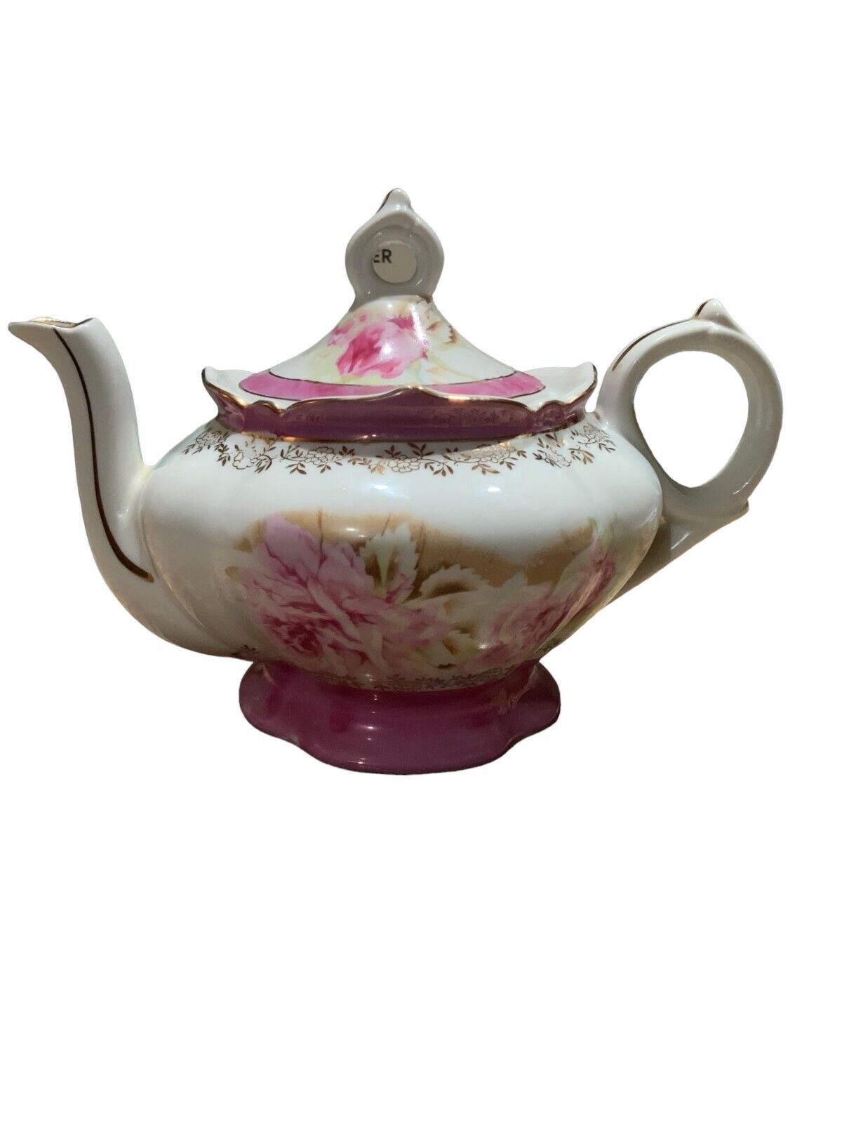 Lefton Teapot Music Box - Tea for Two Porcelain Pink Cabbage Roses Vintage