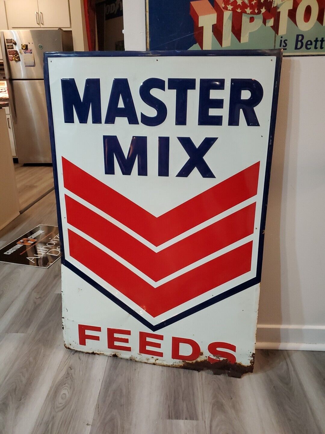 c.1950s Original Vintage Master Mix Feeds Sign Metal Embossed Corn Farm Seed Hog