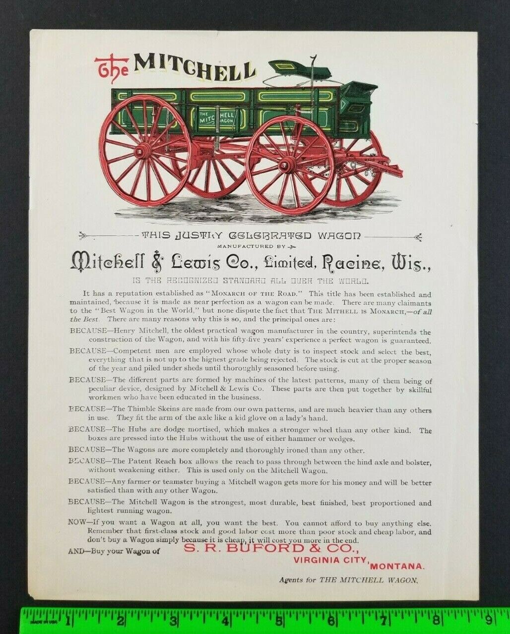 Vintage 1890's Mitchell & Lewis Wagon Co. Racine Wisconsin Advertising Flyer