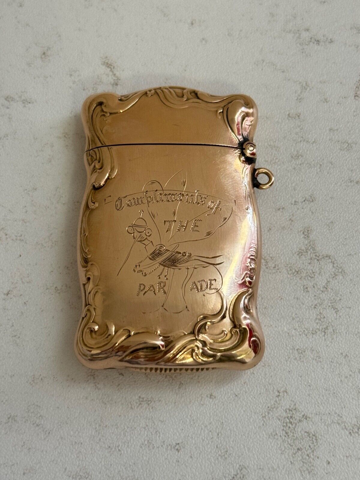 Antique 10k Gold Match Safe Engraved Compliments of Parade w/ Animal / Mosquito