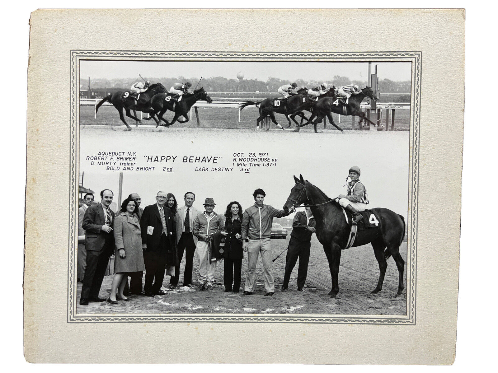 Rare Turfotos Horse Racing Oct 1971 “Happy Behave” 11”x14” Mounted Photograph