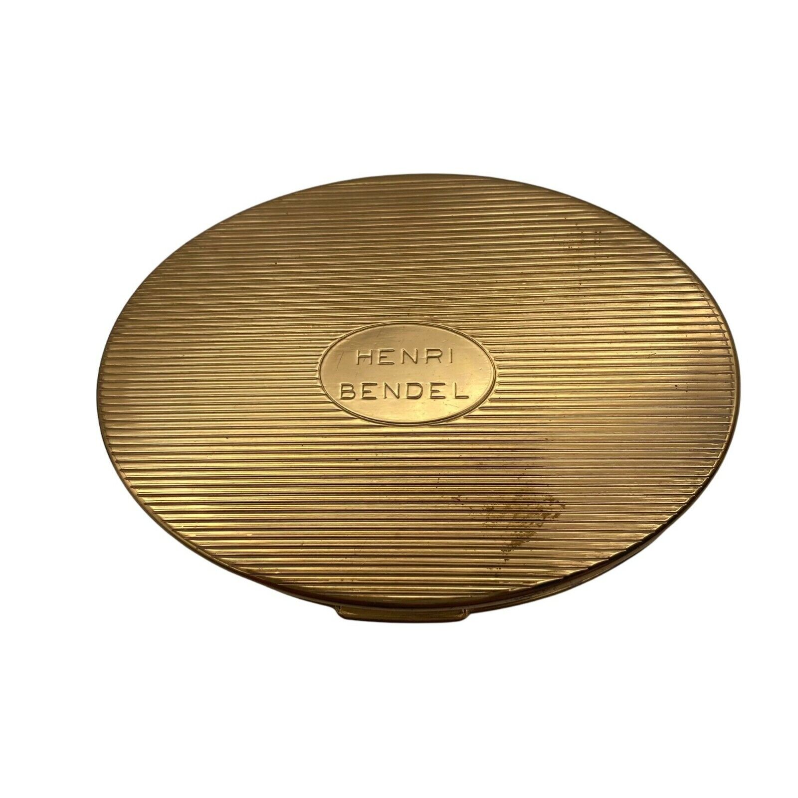 Vintage Henri Bendel Gold Compact Mirror Powder Puff Ribbed Decor with Sheath 