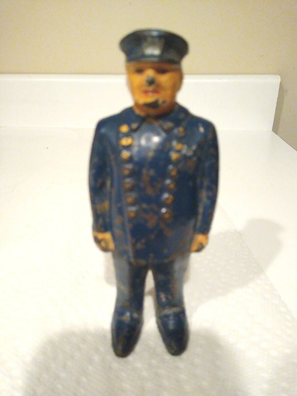 Vintage 1920s  Arcade Cast Iron Policeman in Blue Still Bank. Original Paint.