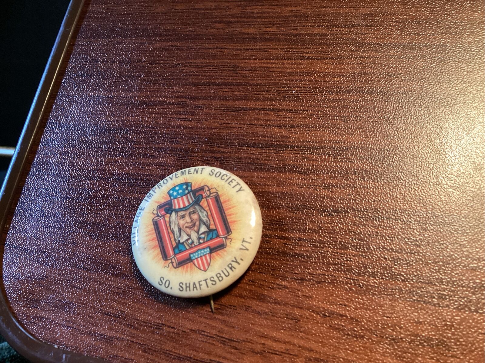 1896 Antique Uncle Sam Pinback Pin So. Shaftsbury Vt.  Improvement Society 