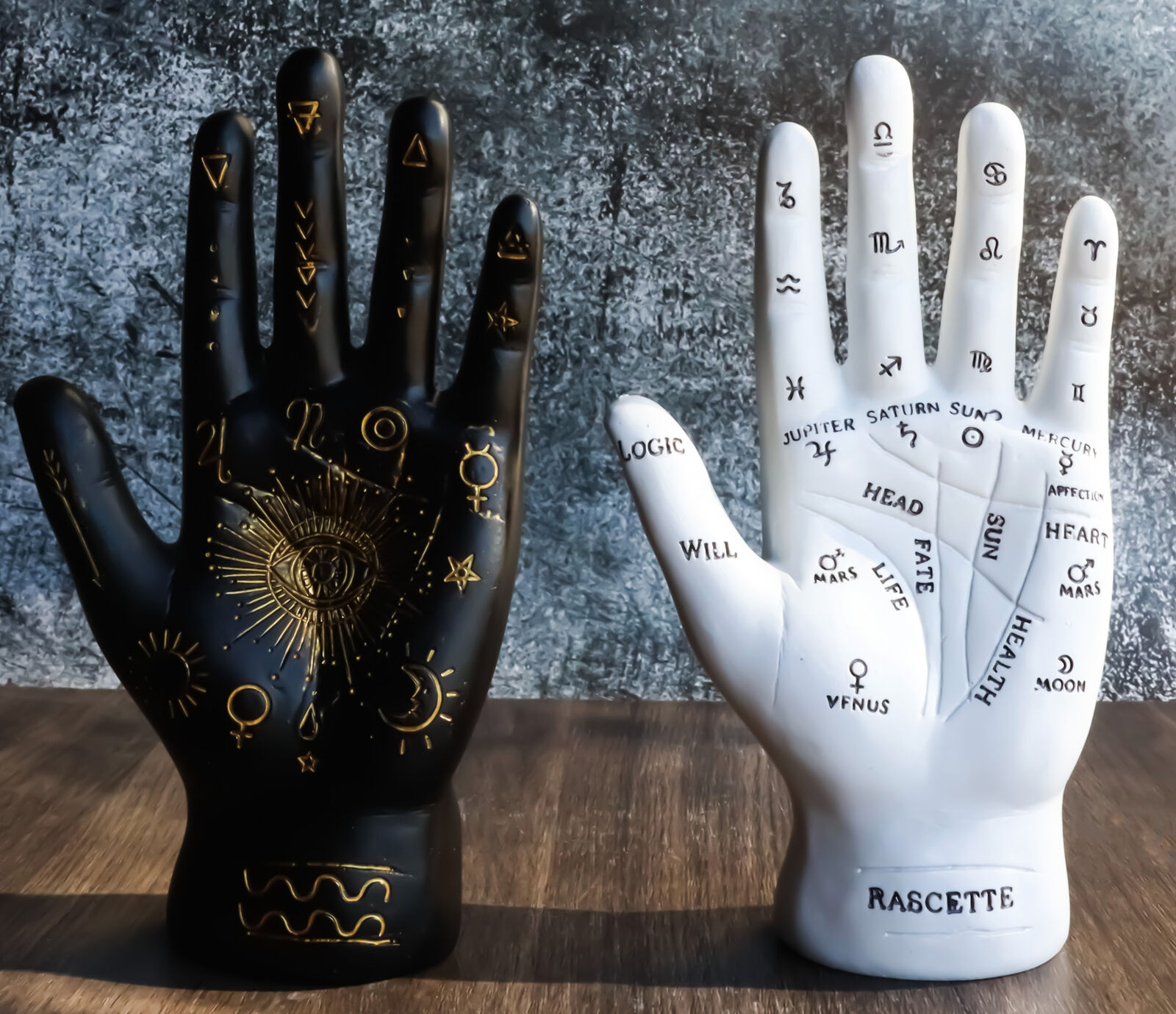 Ebros Psychic Fortune Teller Palmistry Hand Palm Figurine (Black & White Set)