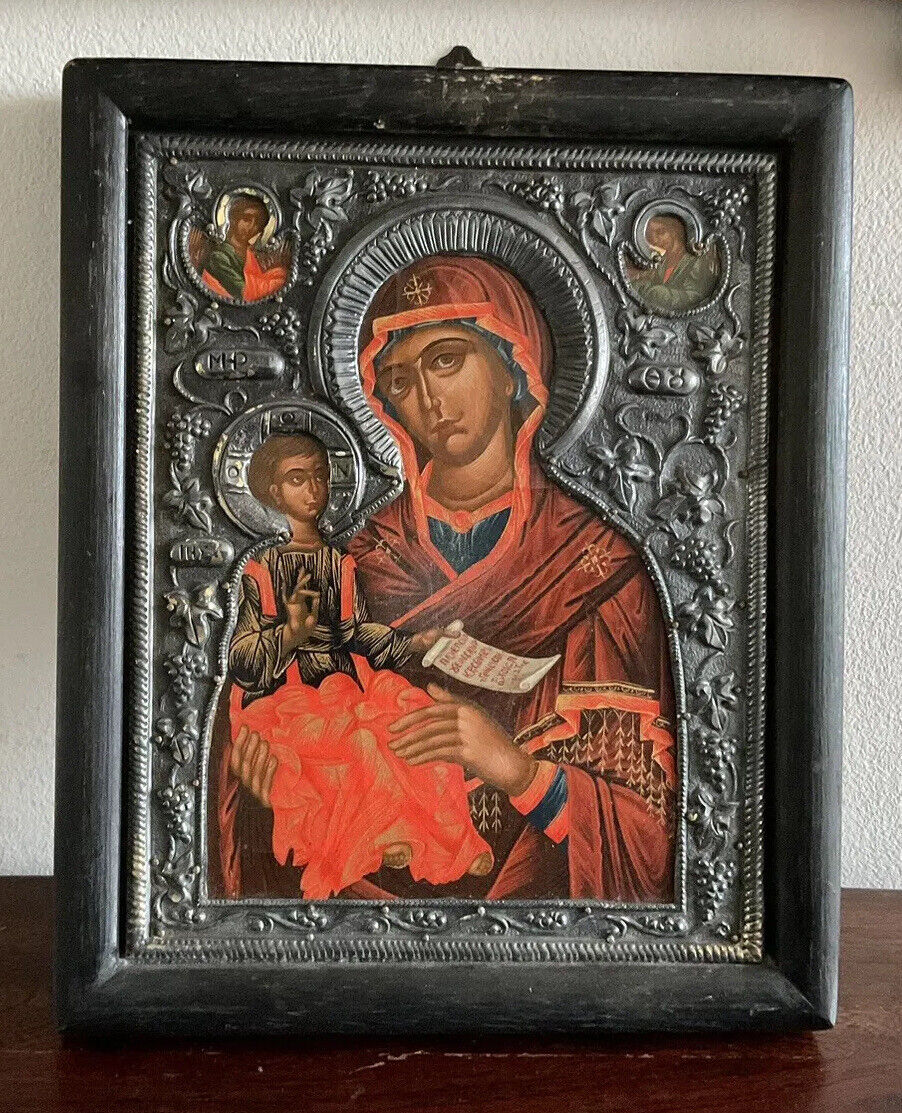 Great Vintage/antique Orthodox 950 Silver & Wooden  icon , Mary And Child Jesus