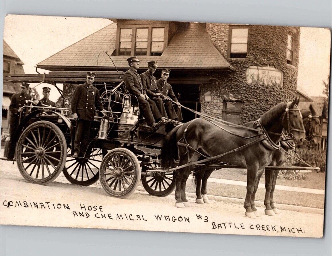 c1910 EARLY Horse Drawn Fire Truck Wagon Battle Creek Michigan MI RPPC Postcard