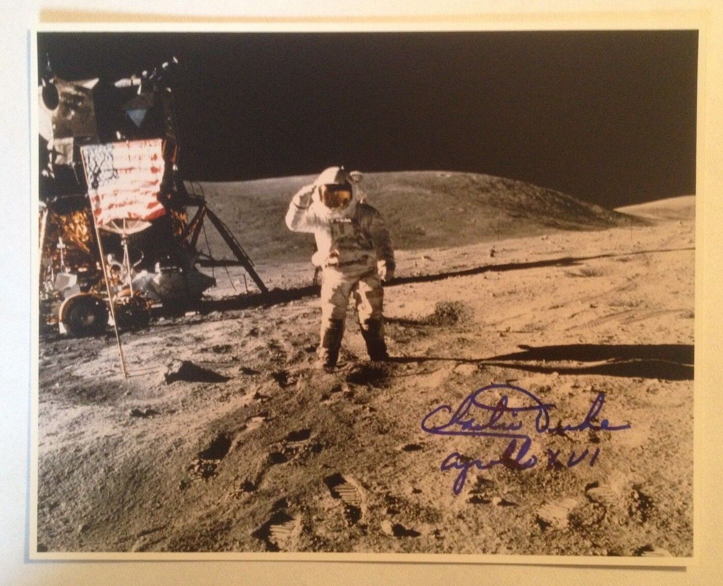 Astronaut Charles Duke Signed Photograph on the Moon with Flag (Apollo 16)
