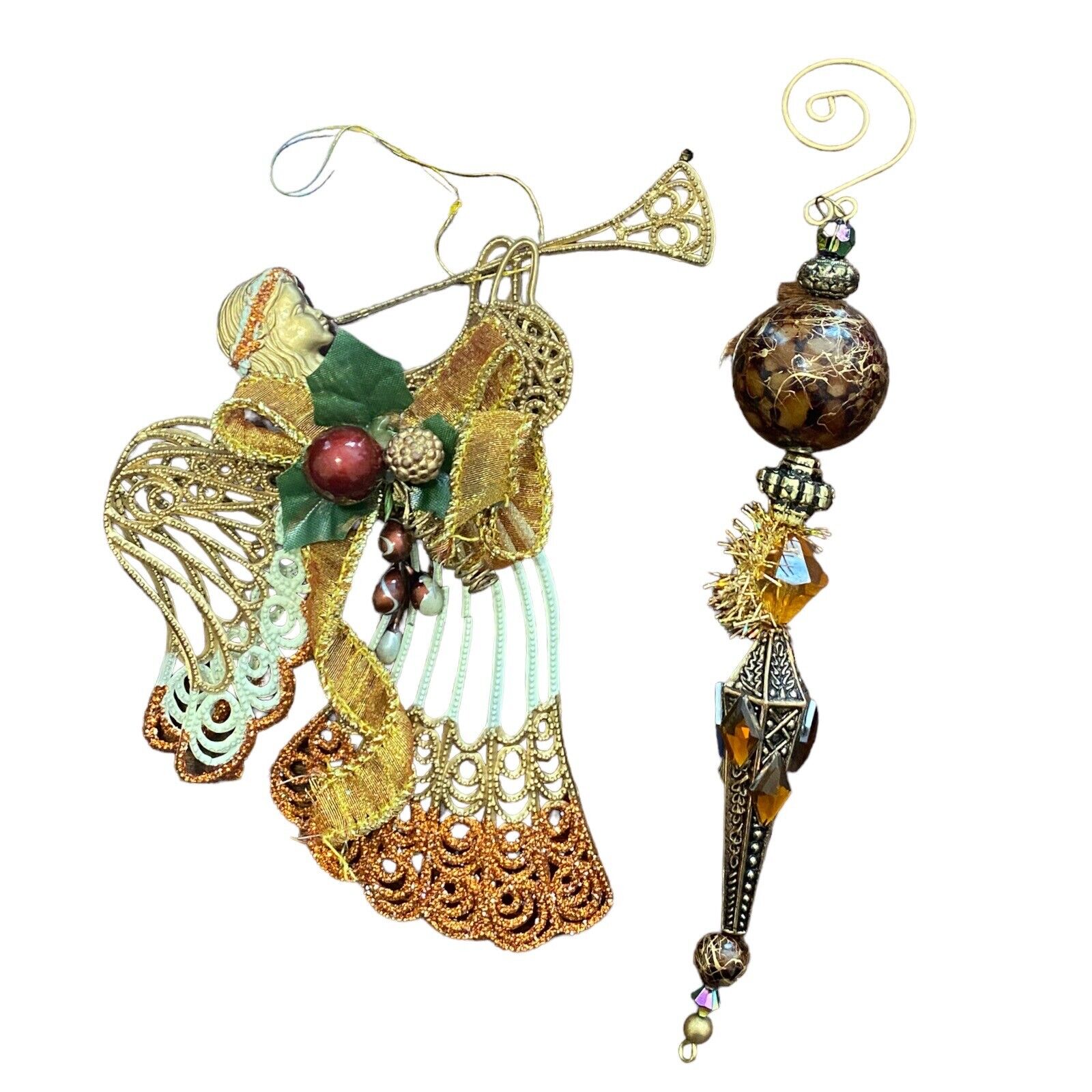 2x Amber Gold Metallic Ornament Lot Metal Filigree Angel w/ Horn Beaded Icicle