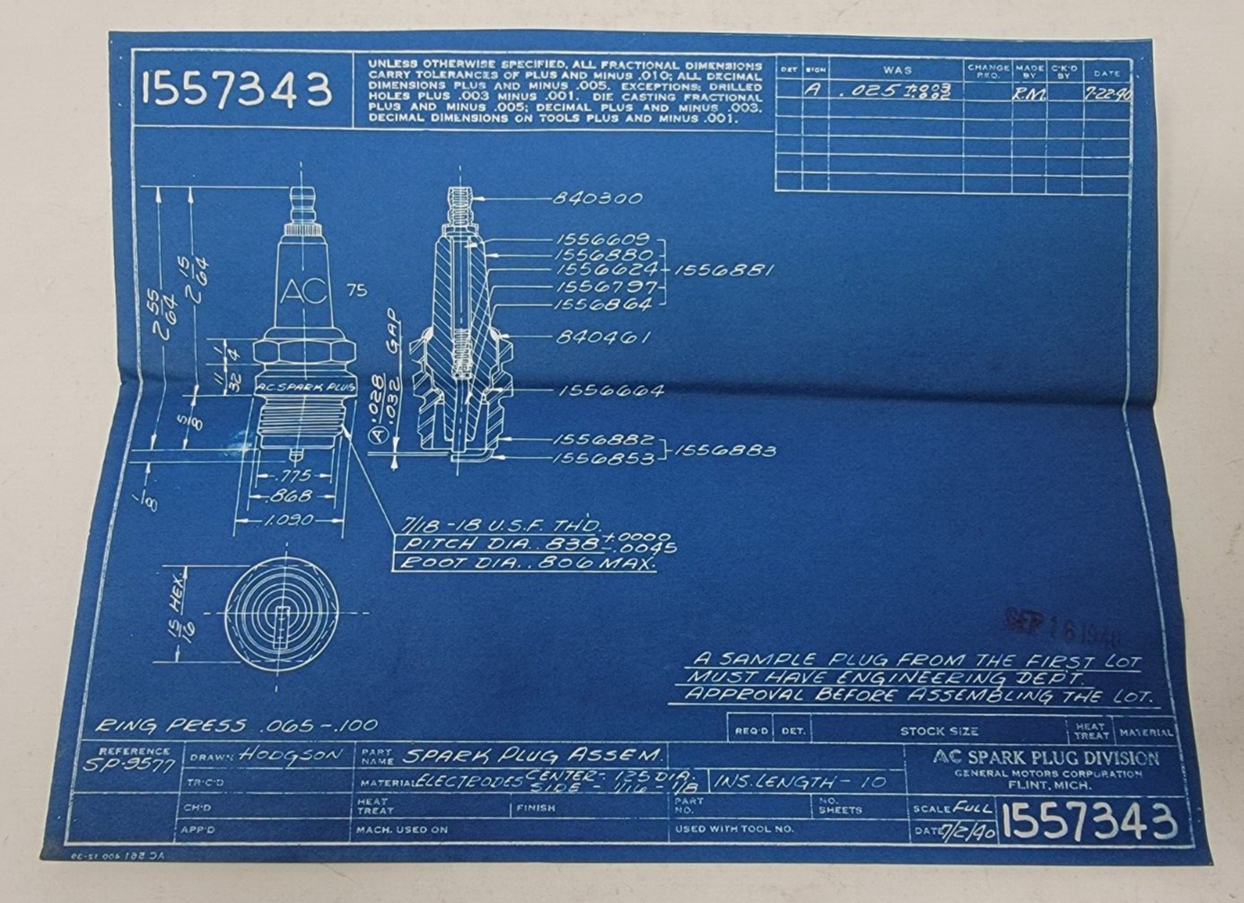 ANTIQUE AC SPARK PLUG Original Blueprint Authentic Dated 1940