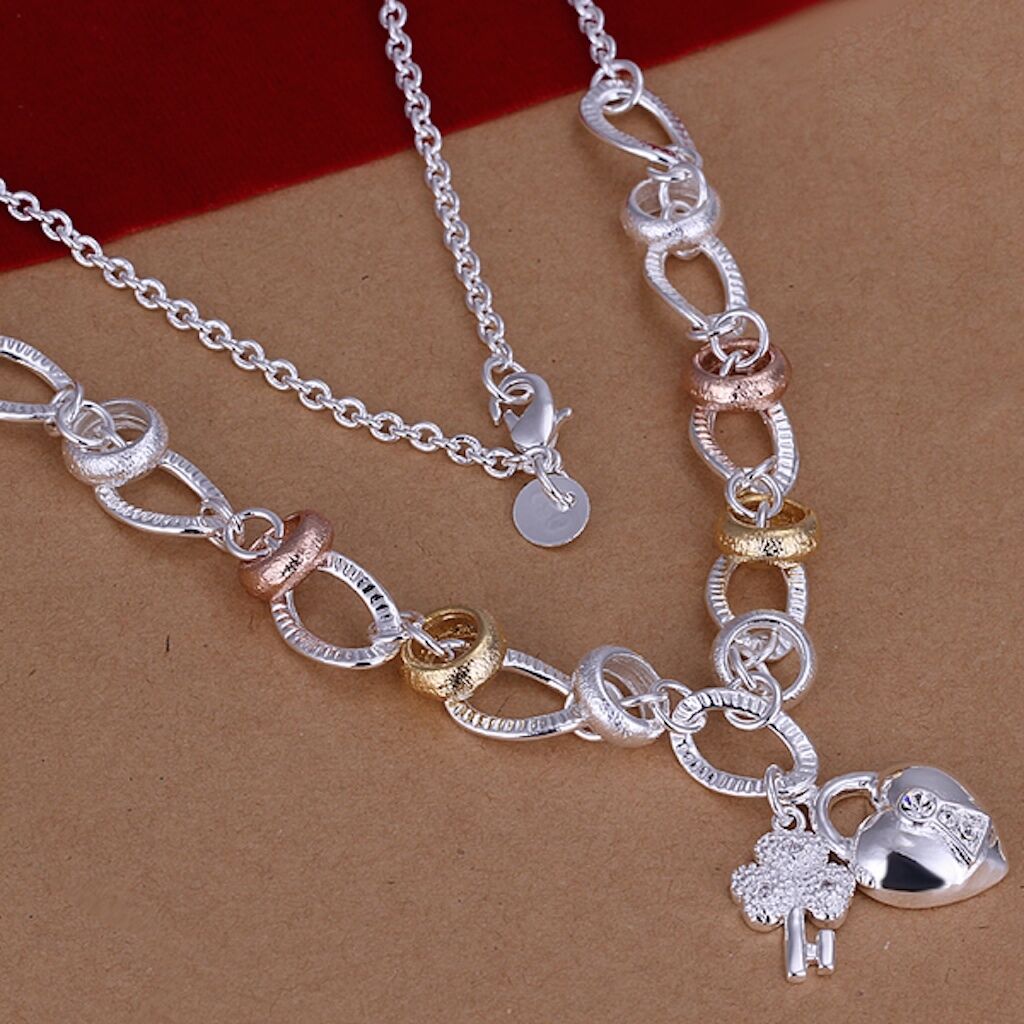 925 Sterling Silver Necklace Rose and Gold Tone Heart 18 Inches 9.9MM Lobster B1