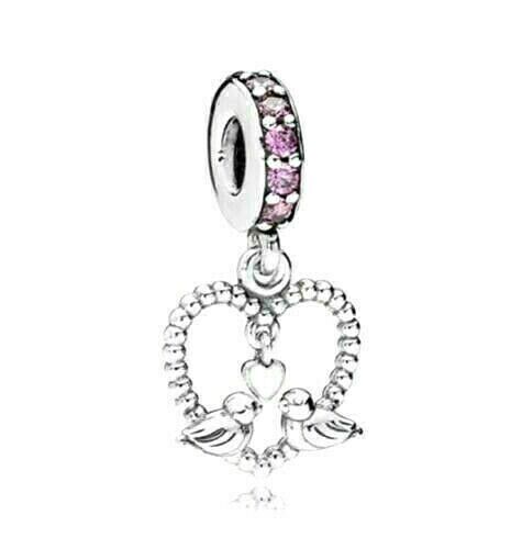 New Pandora Love Birds Pink Heart Dangle 925 Silver CZ Charm Bead w/pouch