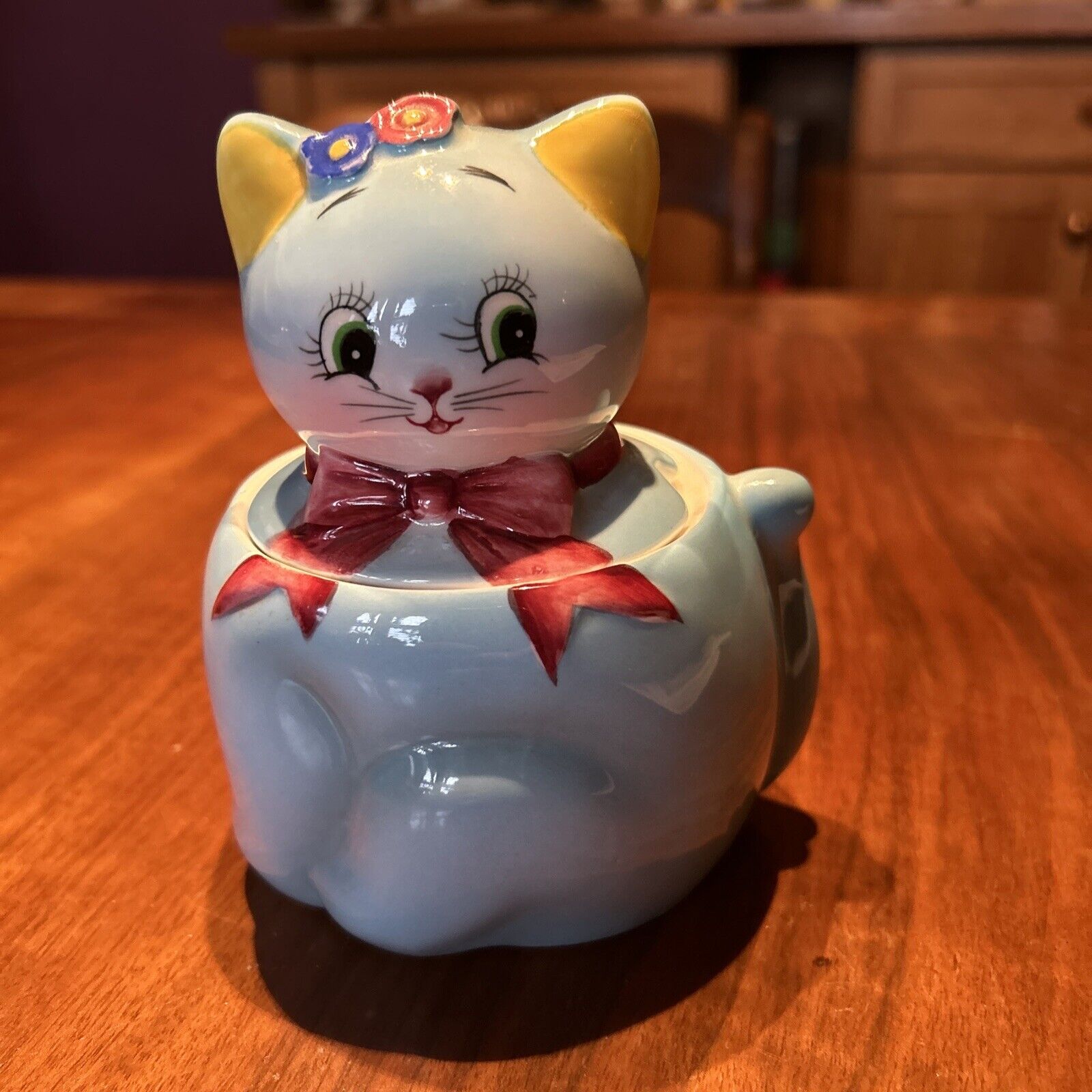 Vintage 1950’s Norcrest Kitchy Blue Cat Jam Jar / Sugar Bowl Anthropomorphic