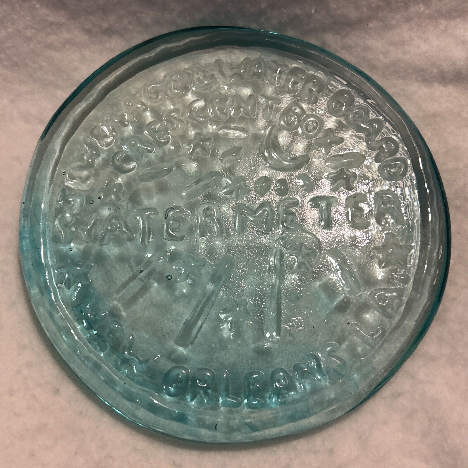 Pressed Aqua Art Glass Crescent Box Water Meter New Orleans Paperweight  4-1/2\