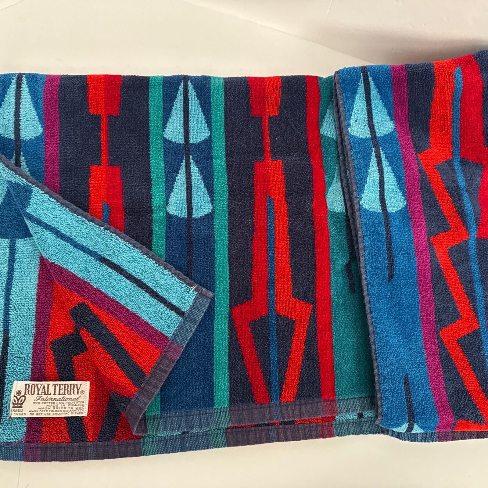 Vintage Royal Terry Southwest Tribal Aztec Print Blue Beach Bath Towel 30 x 60