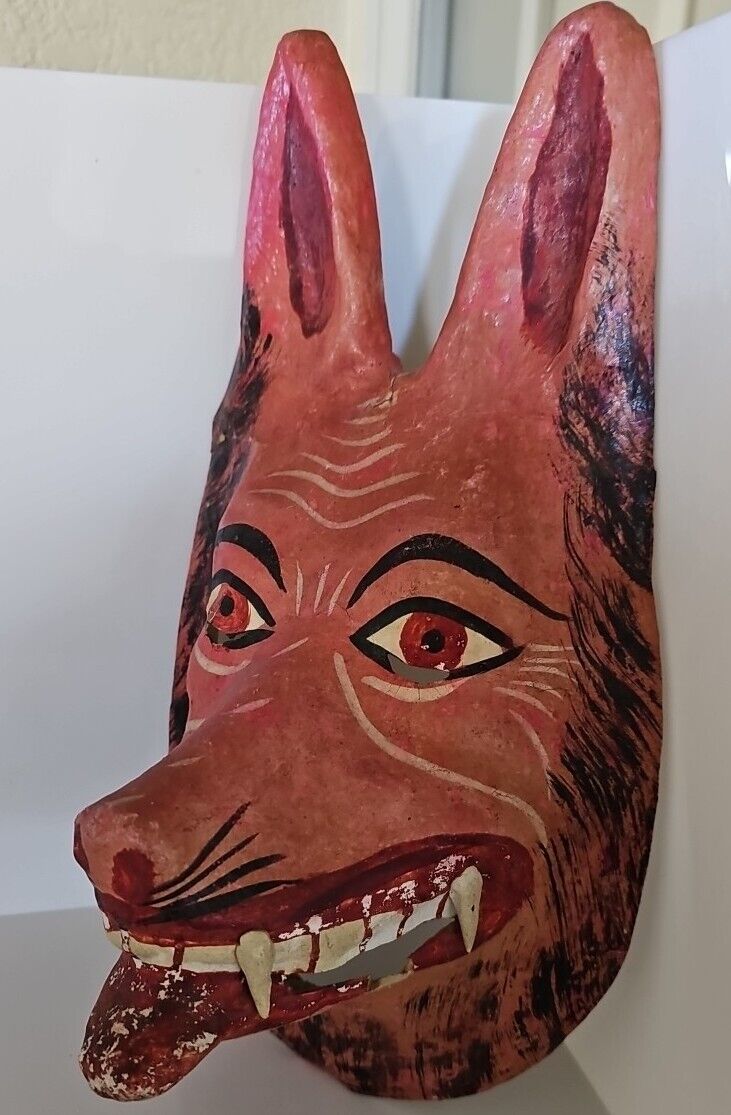 Vintage Mexican Folk Art Paper Mache Mask Red Wolf Hand-Painted Handmade