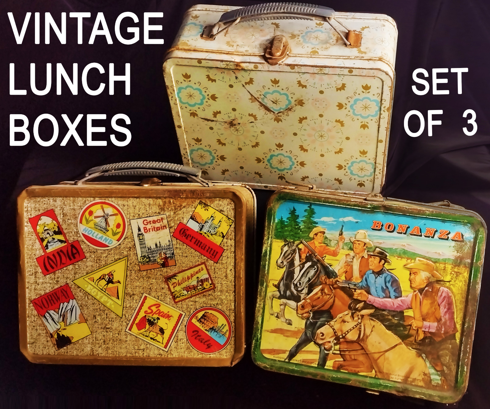Bonanza Aladdin Vintage Lunch Box LOT SET OF 3 TRAVEL  & FLORAL NO THERMOS 1963