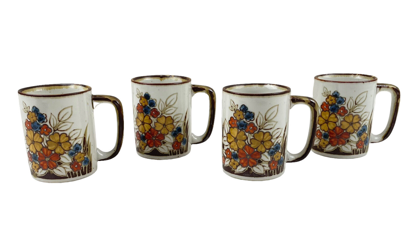 Vintage OTAGIRI Speckled Stoneware Coffee Mugs Tea Cups Floral Set of 4