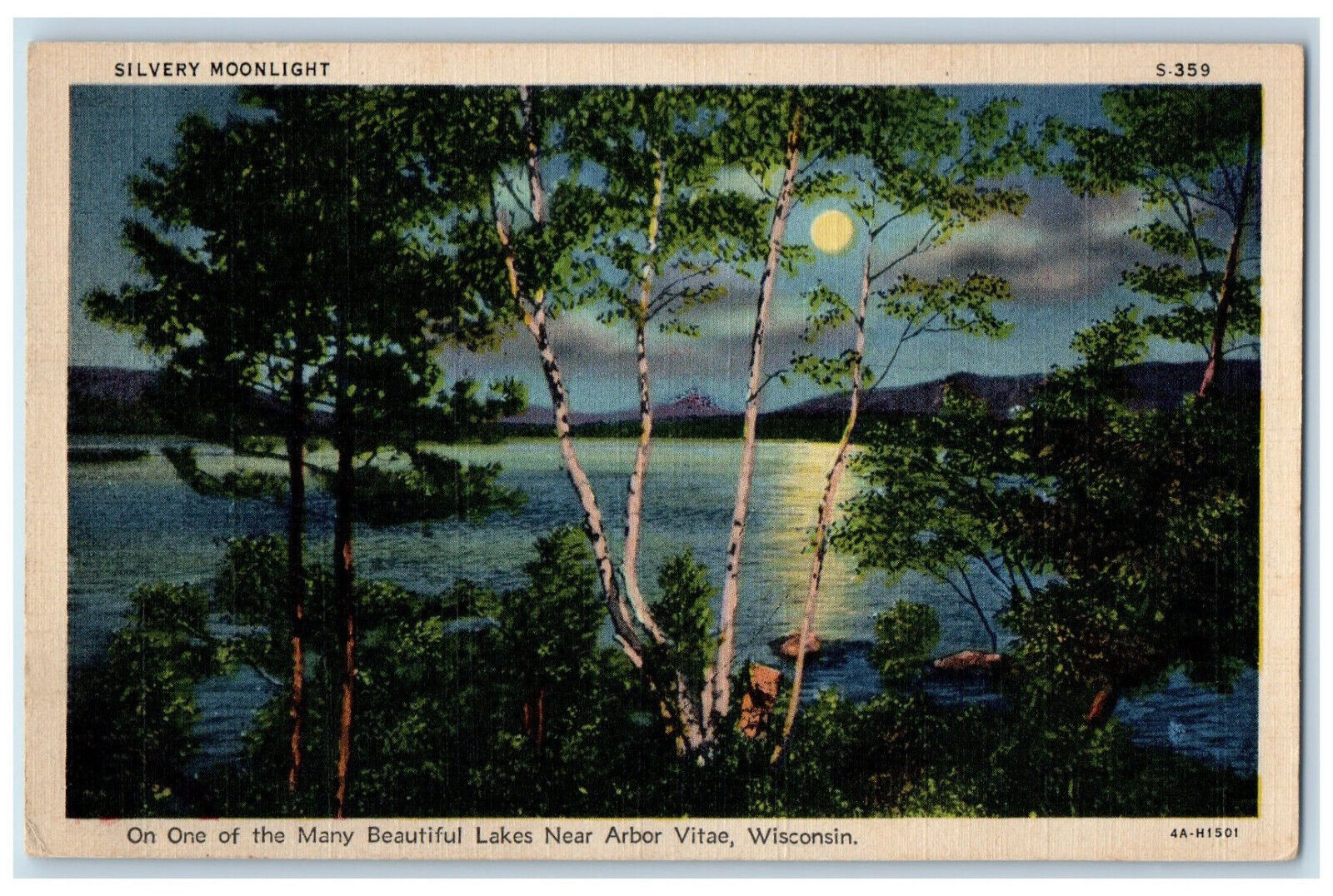 c1940\'s Silvery Moonlight Lake Near Arbor Vitae Wisconsin WI Vintage Postcard