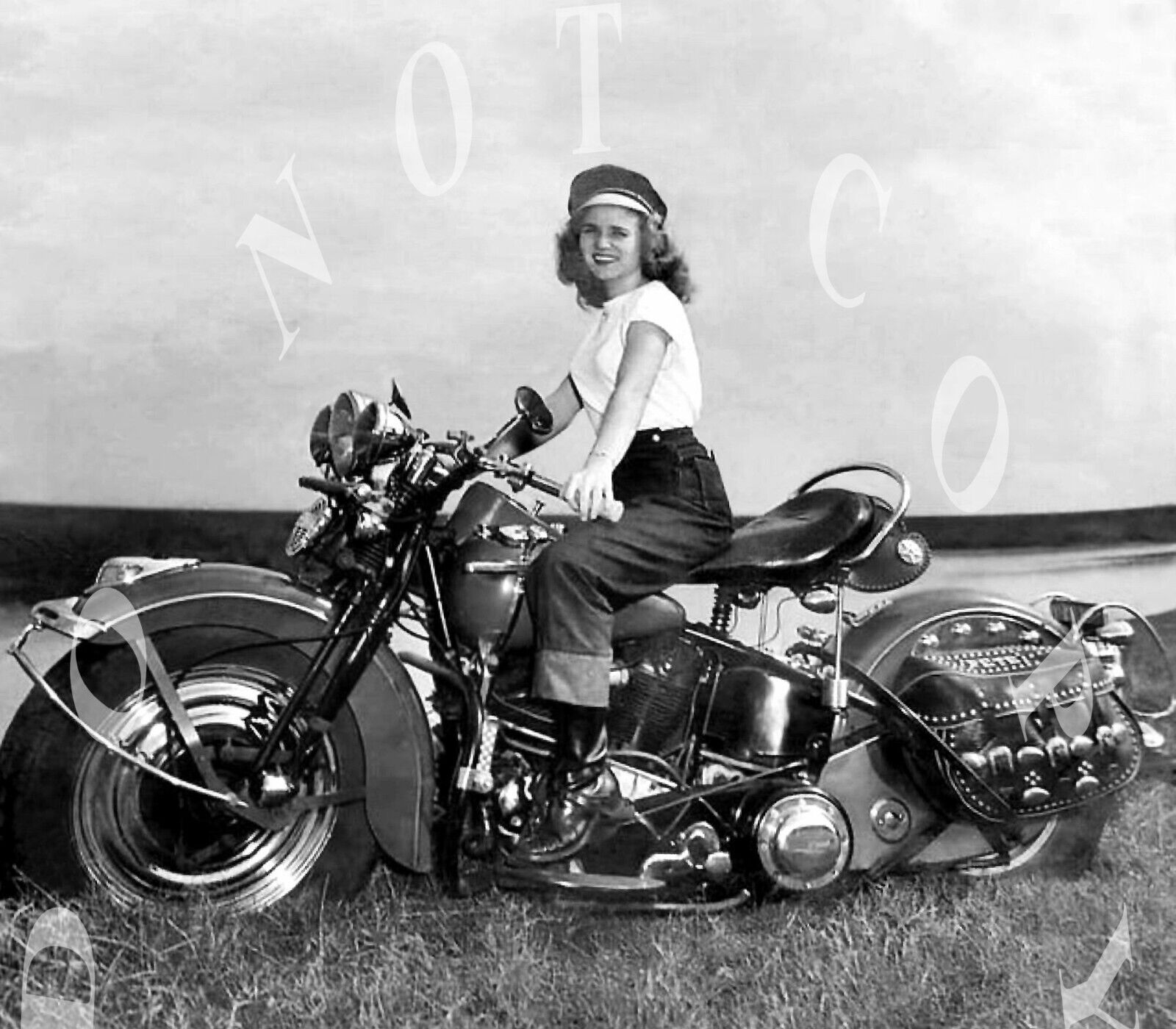 ANTIQUE REPRO 8X10 PHOTO PRETTY WOMAN ON HER HARLEY DAVIDSON MOTORCYCLE # 12
