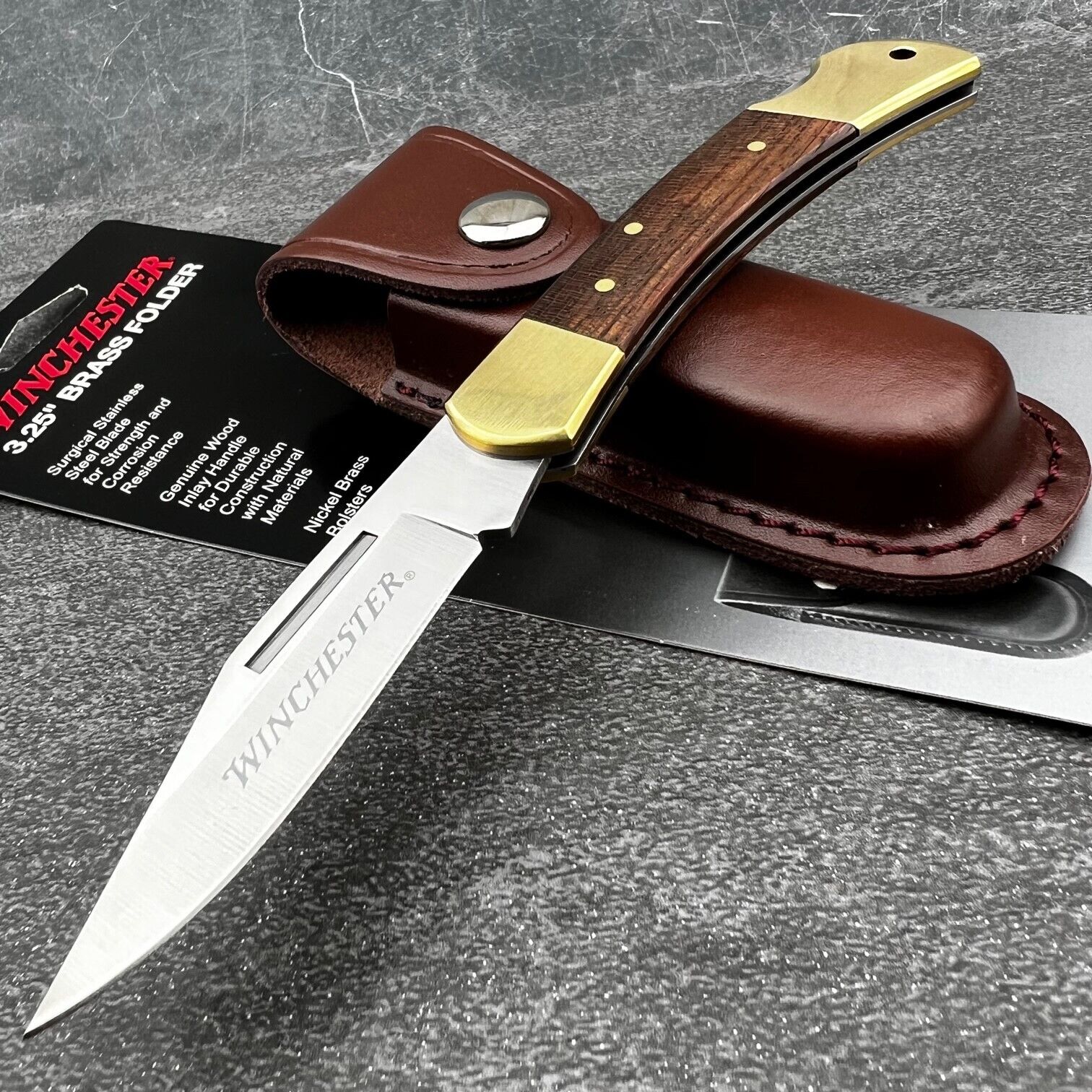 Winchester Brown Wood Handles Folding Lockback Pocket Knife with Leather Sheath