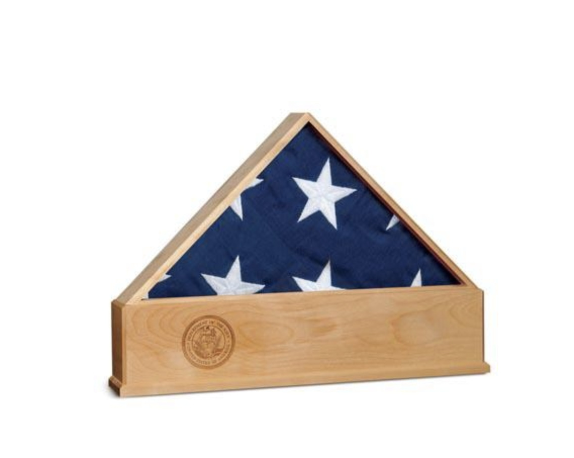 SOLID OAK US FLAG DISPLAY CASE WITH NAVY EMBLEM BURIAL SHADOW BOX