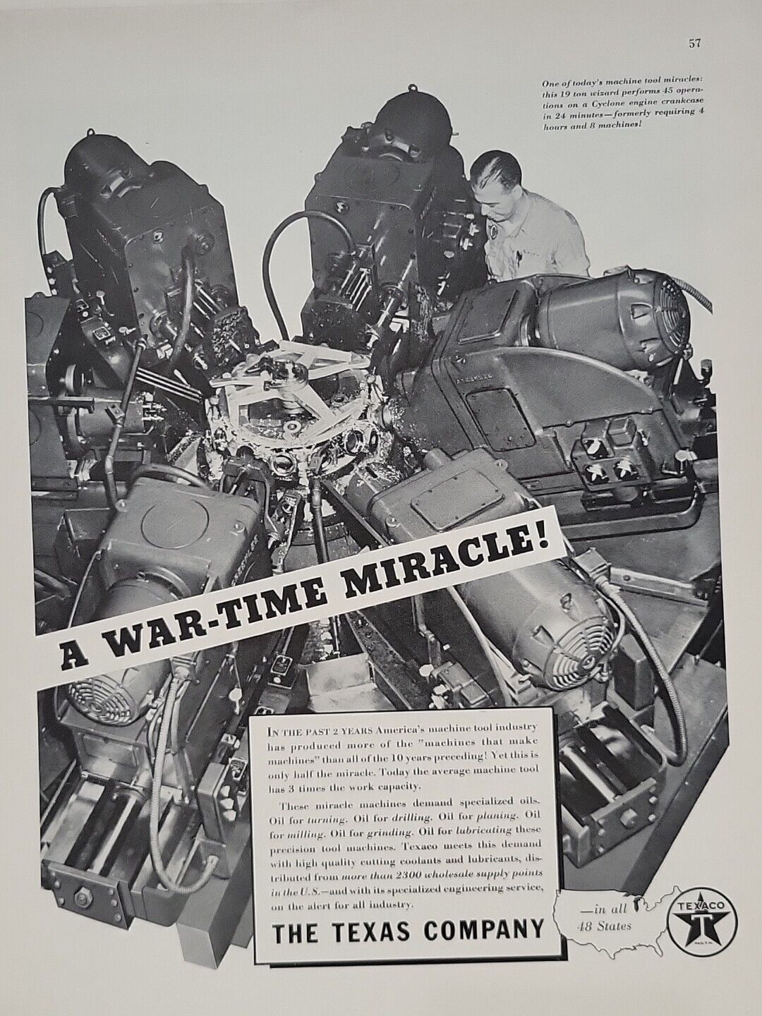 1942 Texaco Texas Company Fortune WW2 Print Ad Q2 Wizard Cyclone Engine Mechanic