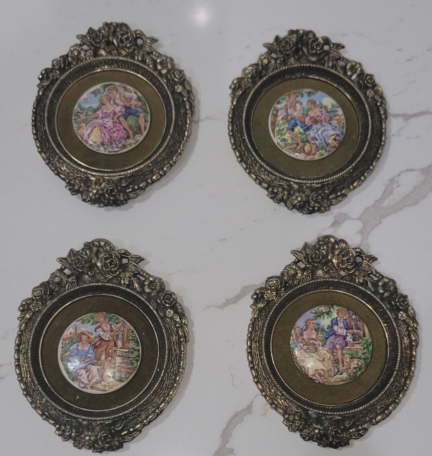 Vintage Antique French Cameo Victorian Pictures in Brass Frames Set of 4