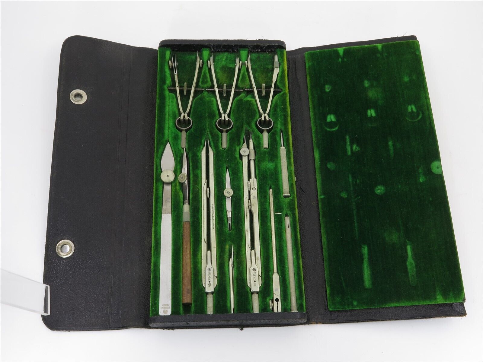 Antique EO RICHTER Precision Drafting Set Complete w. Case 1900-1930 Green Felt