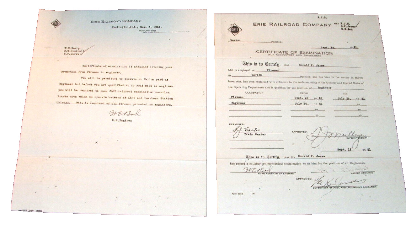 1951 ERIE RAILROAD PROMOTION PAPERS FIREMAN TO ENGINEER DONALD F. JEREW 