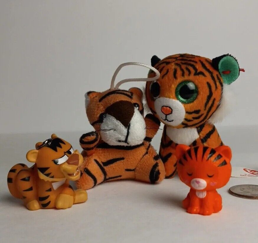 Lot Of 4 Small Tigers Mini Figures Plush, Cutie Reveal Barbie Pet, Ty Tiggs