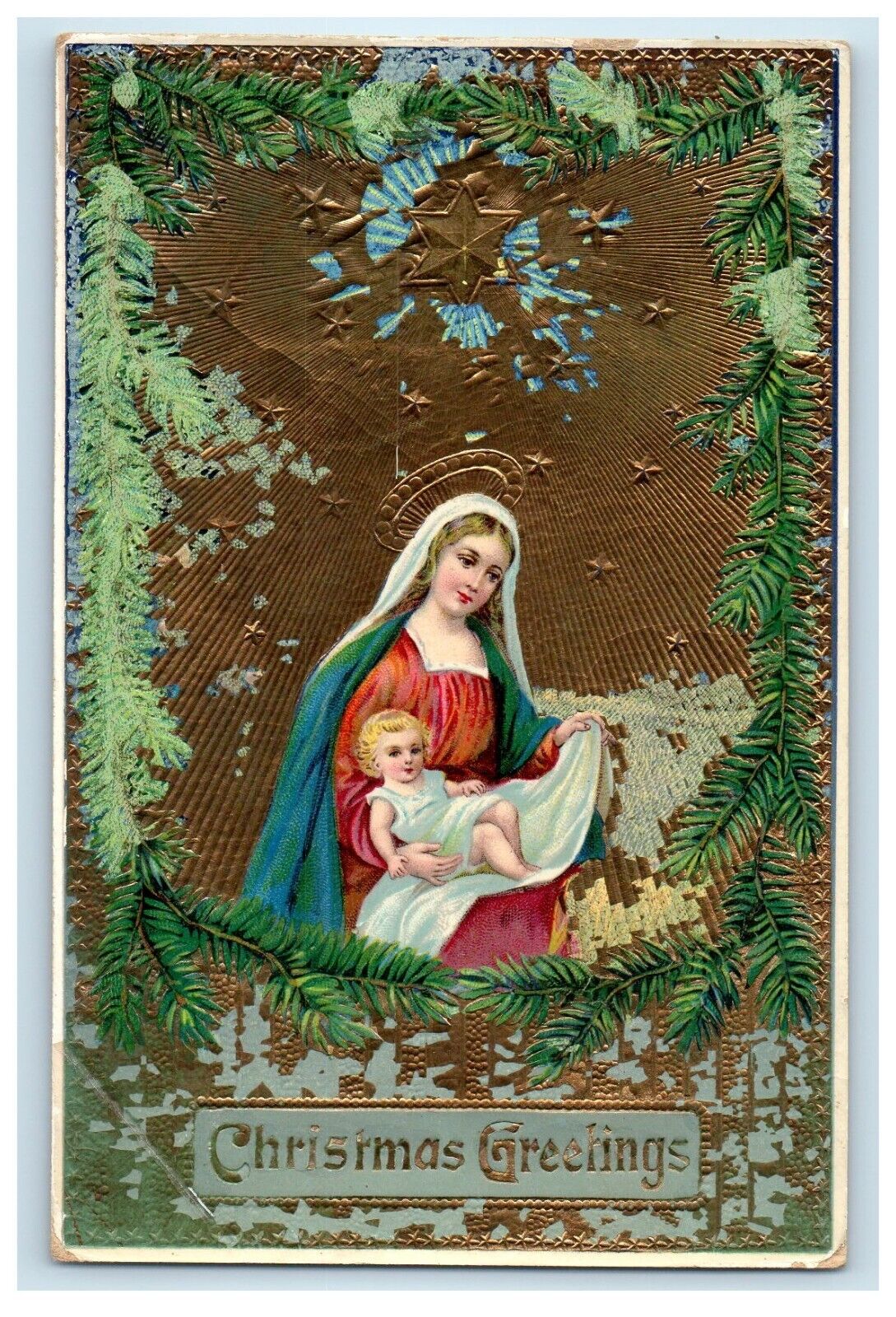 1911 Christmas Greetings Jesus Mary Religious Embossed Gold Gilt Gel Postcard