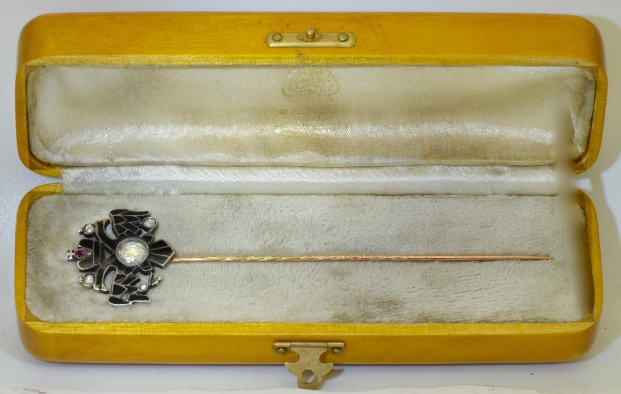 Antique Empire Royal Presentation Lapel Pin 14K Gold Diamond Enamel Ruby  c1890