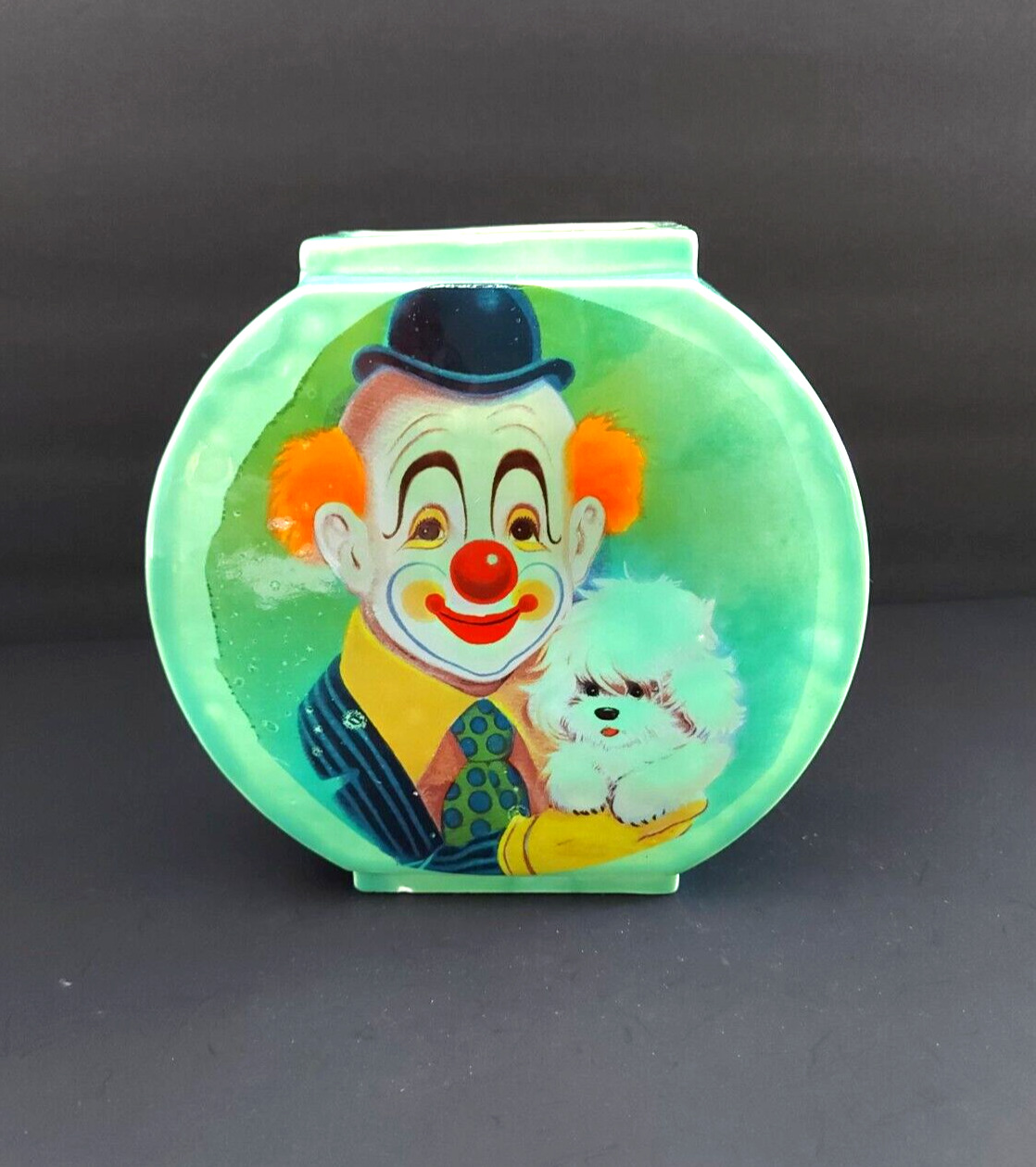 Vintage Ceramic Glossy Green Clowns & Puppies Dog Poddle Flower Vase RARE