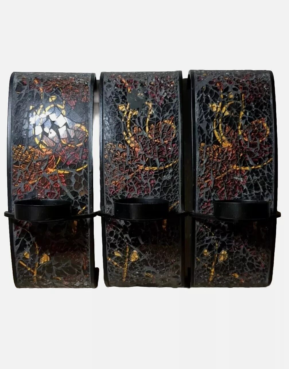 Set of 3 Art Wall Candle Holders Cracked Glass Mosaic Metal Swooped Decoration 