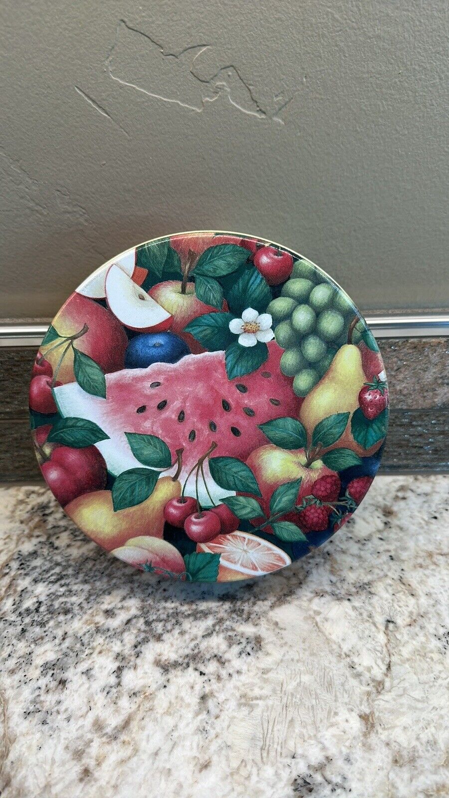 Fresh Fruit Graphics Vintage Round Metal Fruitcake Tin Round 6 1/2”X 1 3/4”