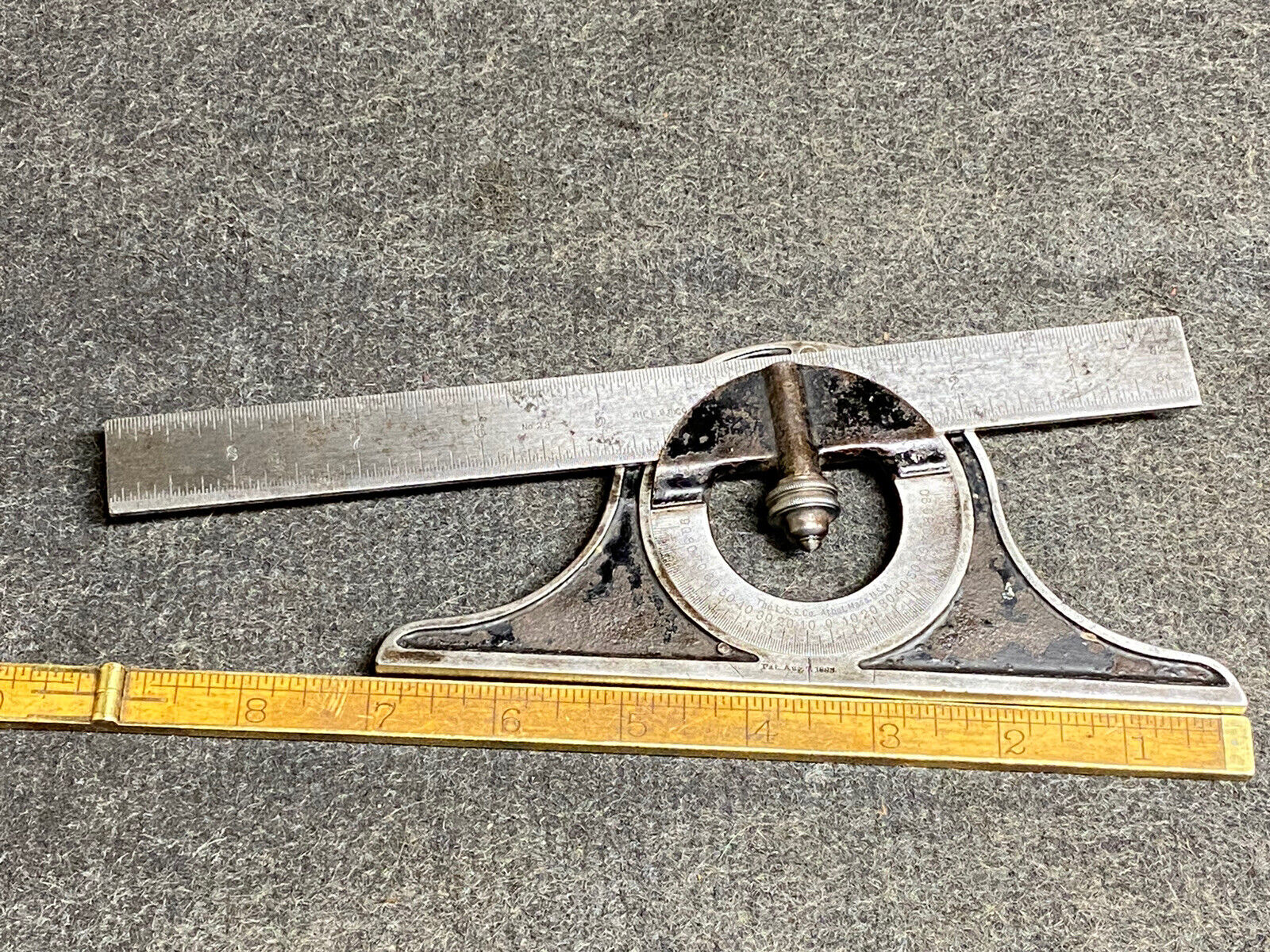 Vintage Rare L. S. S. Co Starrett Protractor Head Pat Aug 7  1883 With 9” Rule