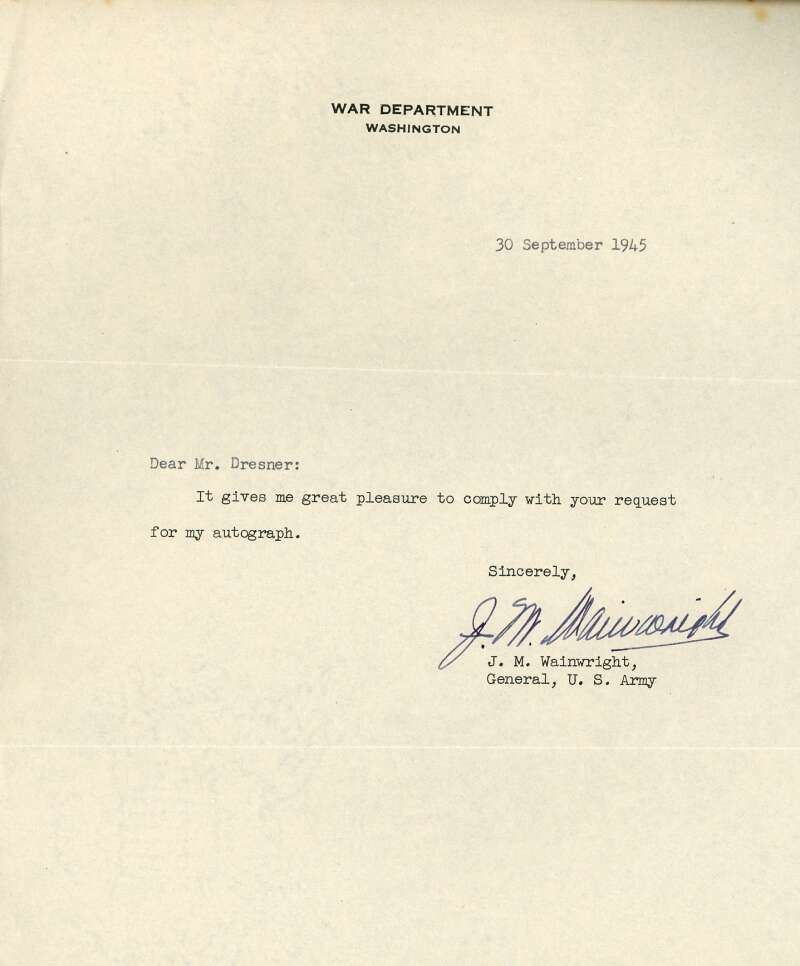 General Jonathan Wainwright JSA Signed 1945 War Dept Letter Autograph