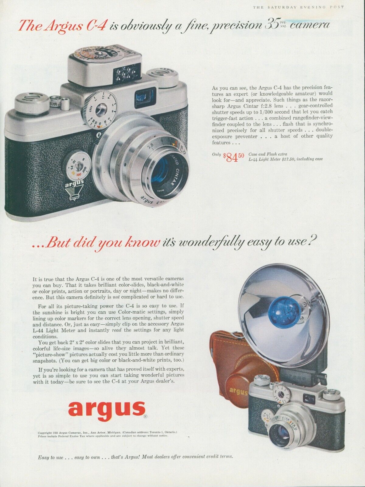 1956 Argus C-4 Camara 35 MM Flash Case Easy To Use Vintage Print Ad SP18