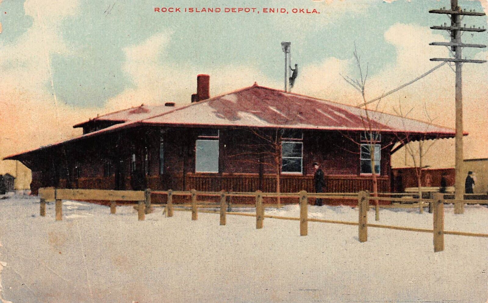 ENID OKLAHOMA ROCK ISLAND RAILROAD DEPOT 1909 POSTCARD RAILWAY STATION