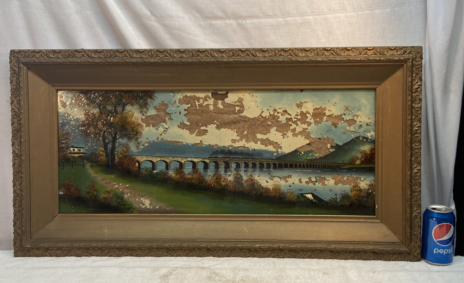 Vtg Early 1900’s Reverse Hand Painting Rockville Bridge Harrisburg PA framed