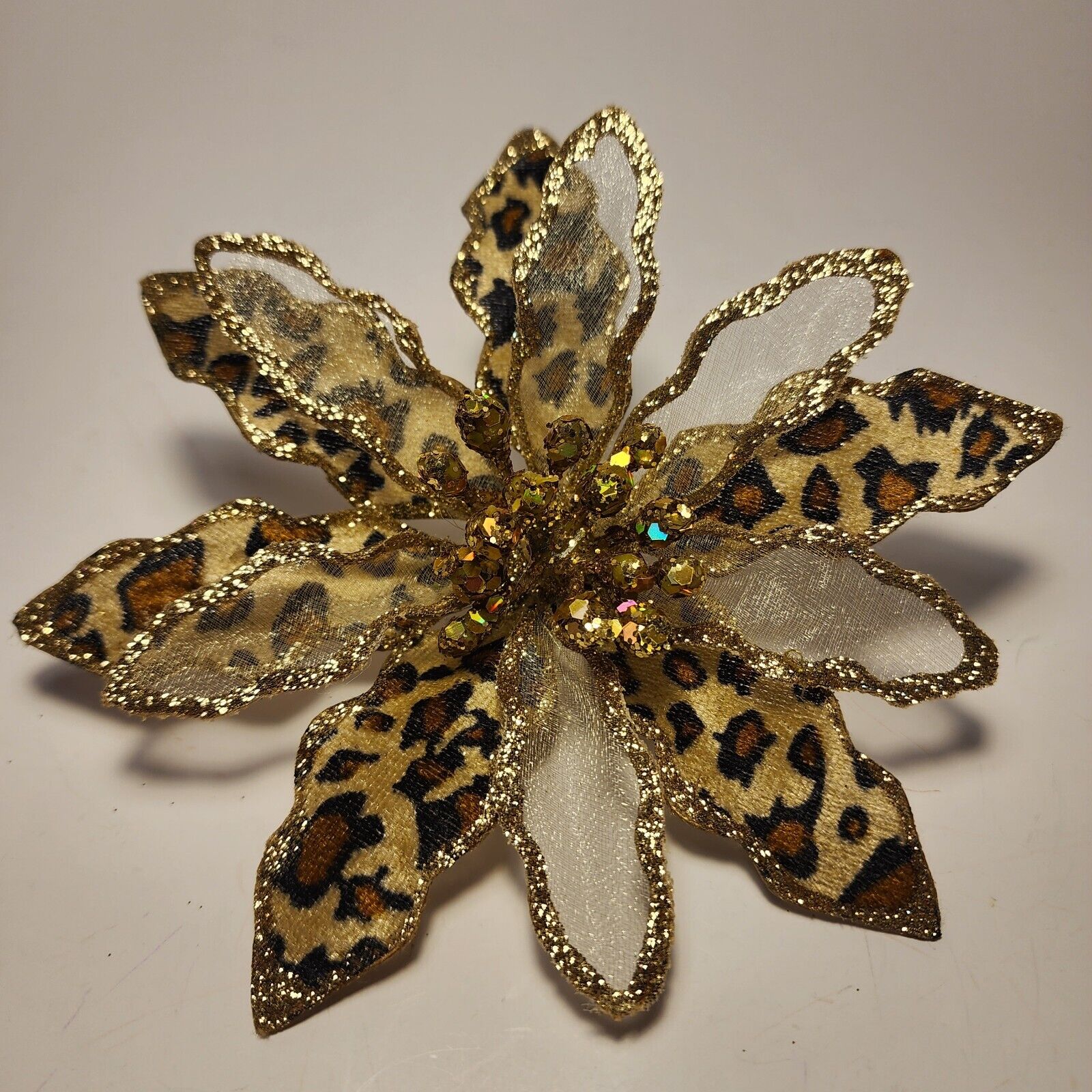 Clip-on Gold Glitter Flower Ornament w/Leopard Fabric Print Decor  Lot Of 22