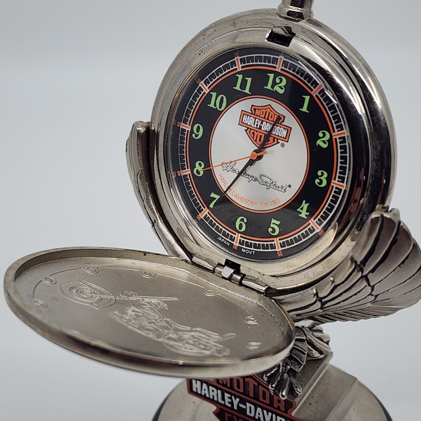 1998 Franklin Mint Harley Davidson Heritage Softail Pocket Watch & Eagle Stand
