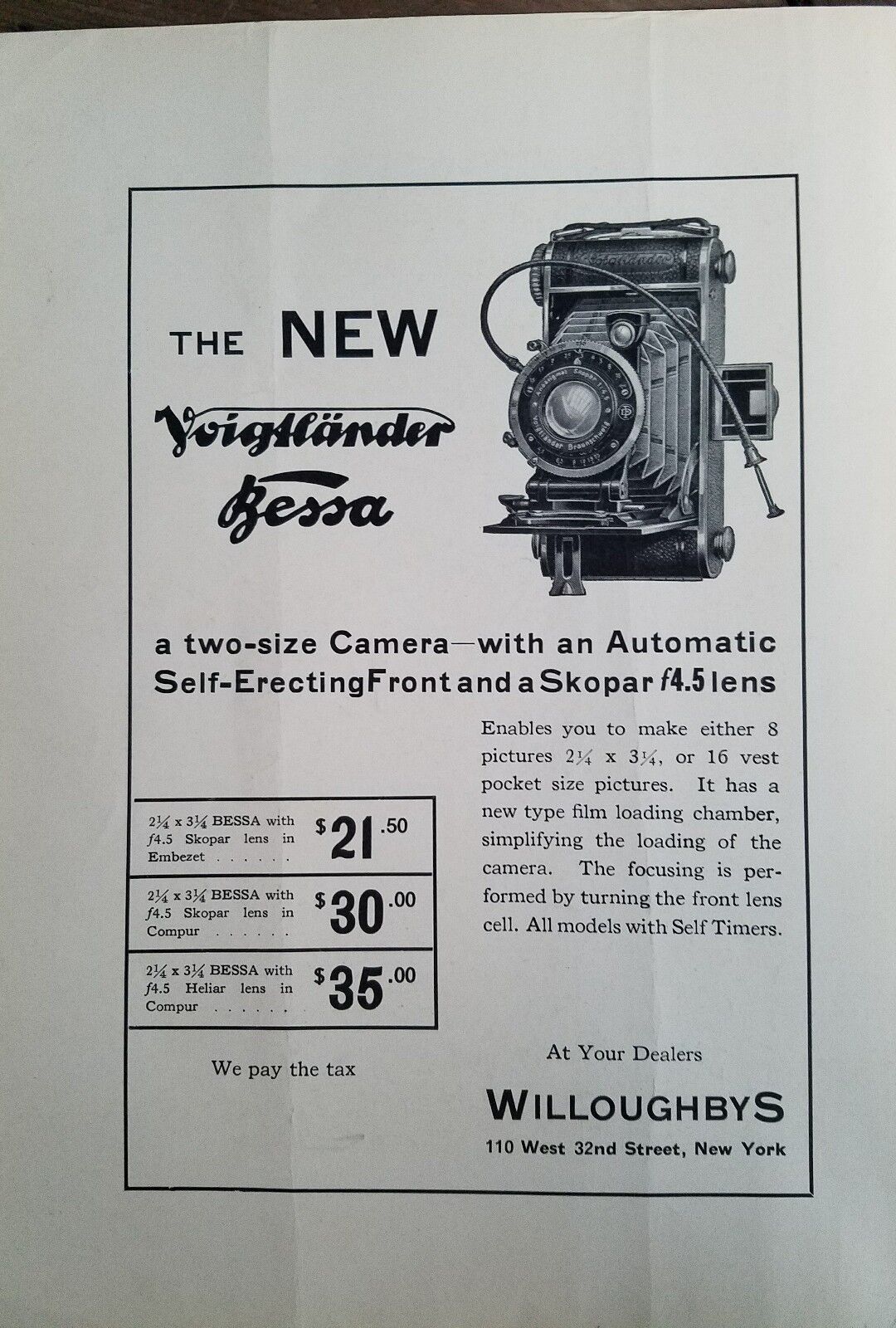 1932 vintage voigtlander Bessa camera skopar lens self erecting front ad