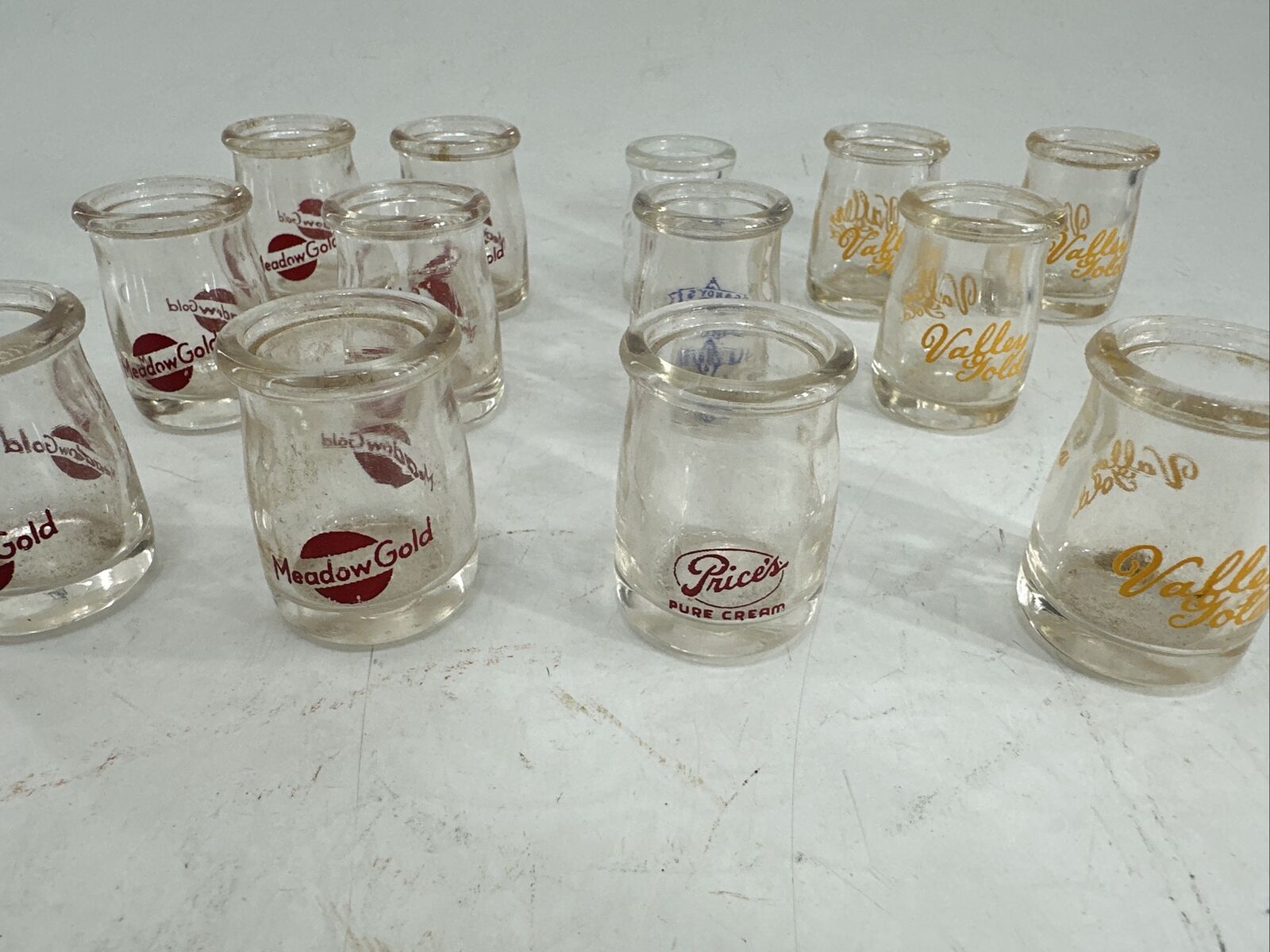 VINTAGE MINIATURE MEADOW GOLD Prices Grandys Bally Gold CREAM BOTTLE Lot